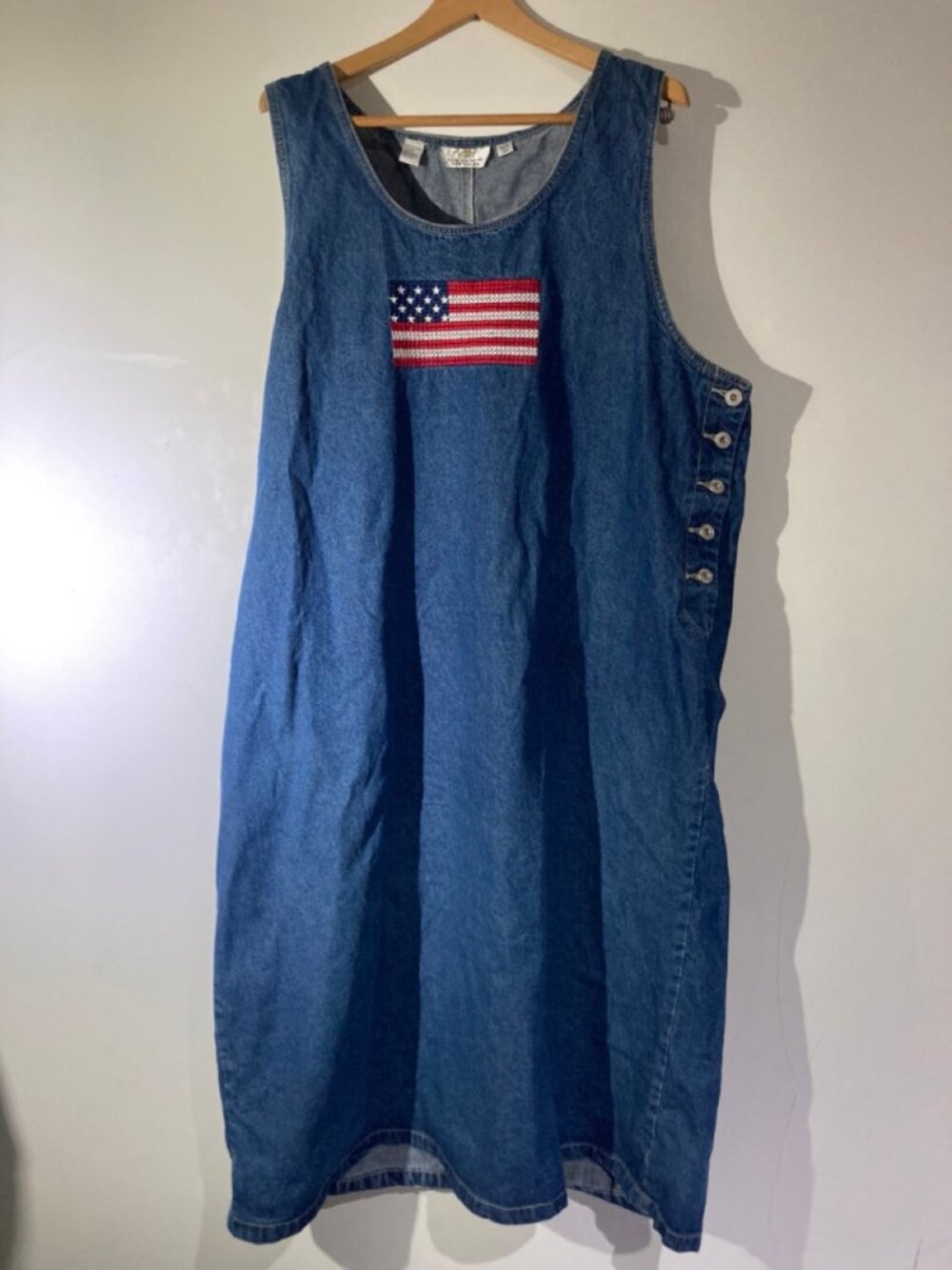 VTG 90s Sunshine Apparel American Flag Denim Jumper Dress Plus Size 3X Cotton
